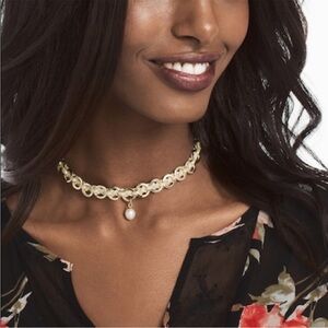 White House Black Market Woven Leather Choker Necklace Freshwater Pearl Gold